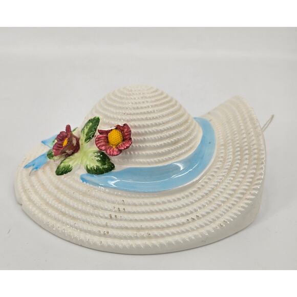Vintage Ceramic Bonnet Wall Pocket with Blue Ribbon & Flowers - Picture 3 of 6